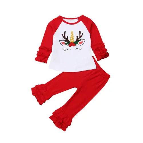 

Little Girls Christmas Clothes Sets Toddler Kid Baby Girl Unicorn Ruffle Tops Pants Outfits Set Clothes 0-5T