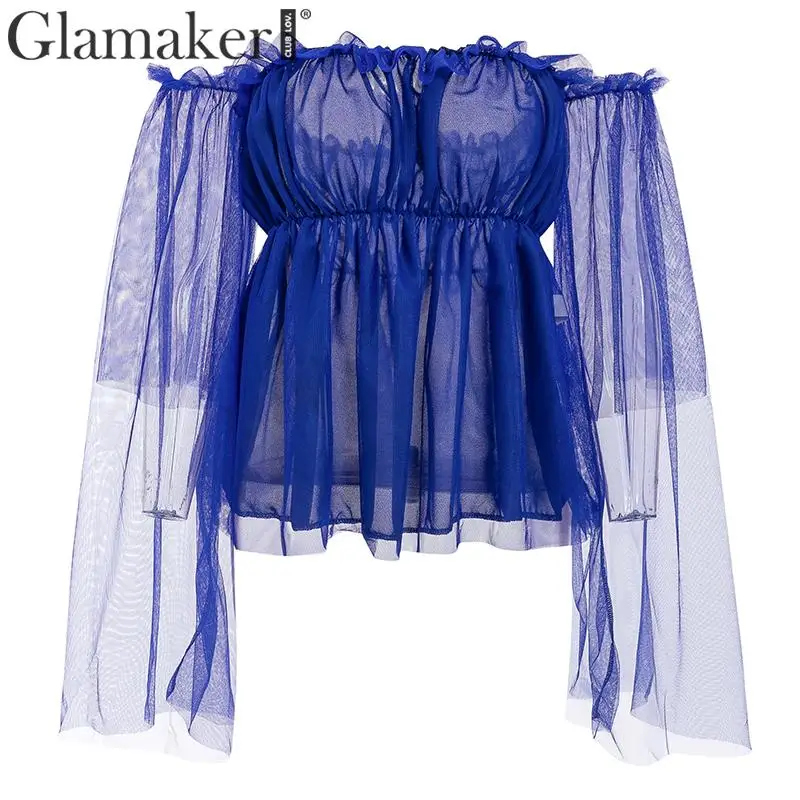 Glamaker الكشكشة شبكة القطع الرقبة مثير بلوزة قميص بلوزات غير مغطية للكتف عارضة الشارع الشهير flare كم بلوزة أنيق فائق السيدات