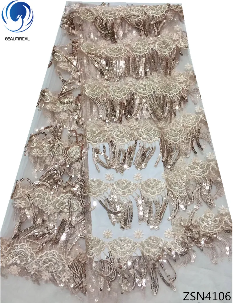 

BEAUTIFICAL african sequin french lace fabric fringe style design net sequin lace fabric tulle ZSN41