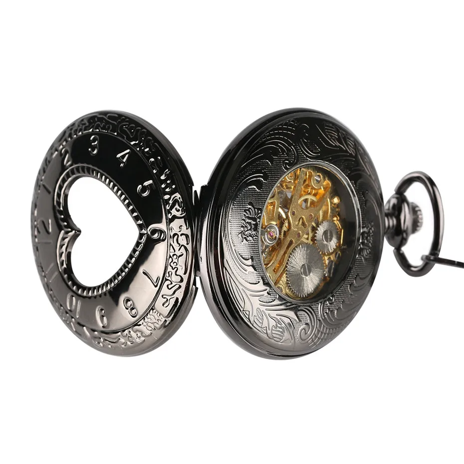Retro Black Heart Shape Half Hunter Mechanical Pocket Watch Steampunk 30 cm Chain Pocket Pendant Clock 5