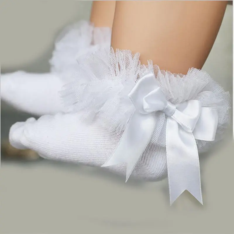 Newborn Infant Kids Baby Girls Boys Bowknot Lace Socks 0-6Y Solid Cotton Knit Princess Ruffle Frilly Ankle Socks
