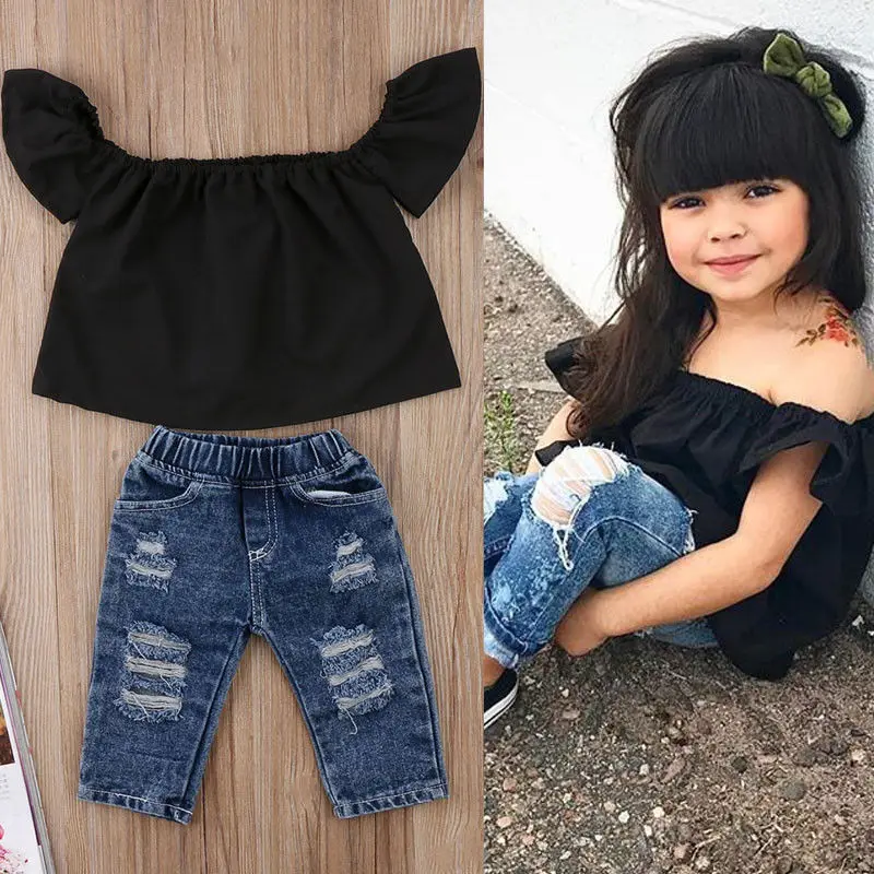 Ensemble de vêtements 2 pièces pour filles | Tenue d'été 2019 pour petites filles, haut noir à volants + pantalon en Denim, pour enfants, livraison directe