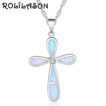 

ROLILASON High-end Cross silver color White Opal Necklace Pendant Charming Fashion Anniversary Gift for Women Exclusive OP866