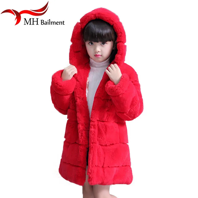 

Children Real Rex Rabbit Fur Coat Girls Winter Warm Thick Long Section Clothing Full Solid Kids V-Neck Outerwear Coat C-12