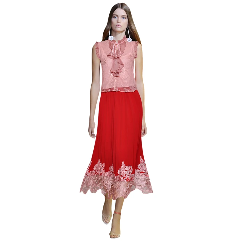 

sexy summer outfits pink outfit two piece set lace up ruffle collar sleeveless lace blouse top + embroidery skirt red maxi skirt