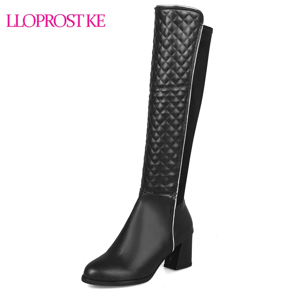 

Lloprost ke High Quality Motorcycle Boots Women Winter Round Toe Slip On Knee High Boots Thick Heels Chaussures Elastic boots