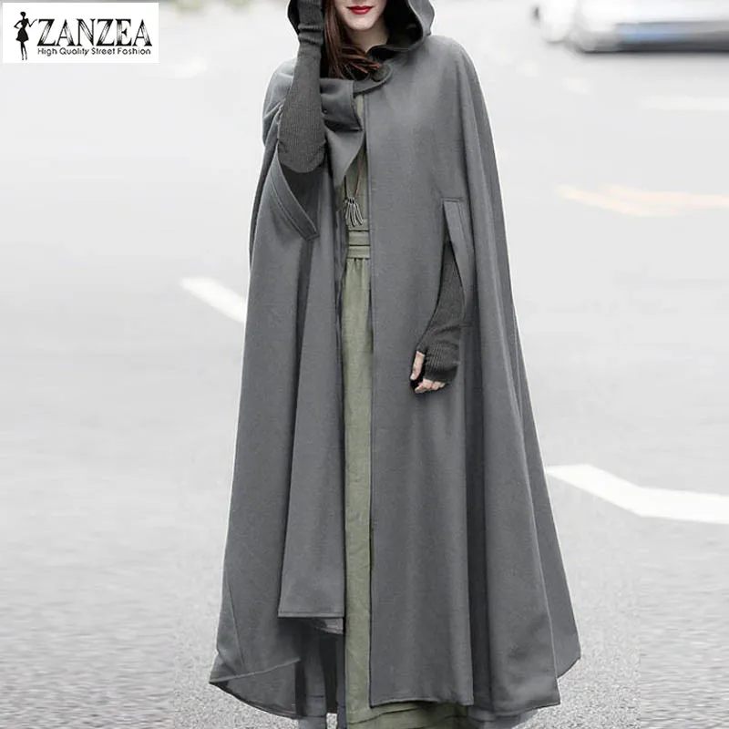 

2020 Autumn Solid Long Coat ZANZEA Party Jackets Hooded Hoodie Capes Thin Women Winter Jacket Cloak Poncho Cardigan Plus Size
