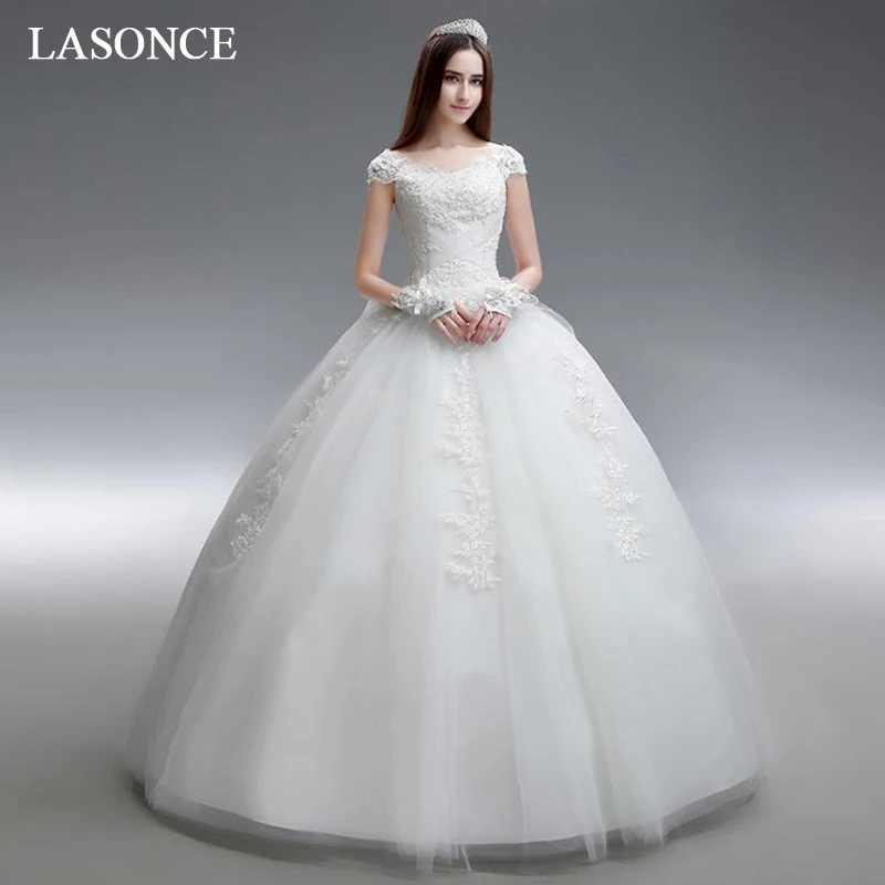 LASONCE Short Cap Sleeve Lace Appliques Ball Gown Wedding Dresses Sequined O Neck Pleat Backless Bridal Gowns