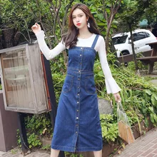 Button Denim Dress 2019 Women Spring Summer Loose Strap Jeans Dresses Sundress Denim Overall Dress Female Vestido Button Denim Dress 2019 Women Spring Summer Loose Strap Jeans Dresses Sundress Denim Overall Dress Female Vestido