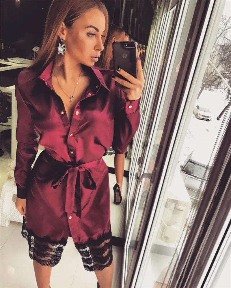 

2019 Sexy Bodycon Bandage Dress Women Long Sleeve Midi Dress Casual Lace Party Shirt Dress Vestidos