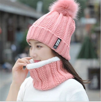 

Fashion Autumn Winter Womens Hat Caps Knitted Wool Warm Scarf Thick Windproof Balaclava Multi Functional Hat Scarf Set For Women