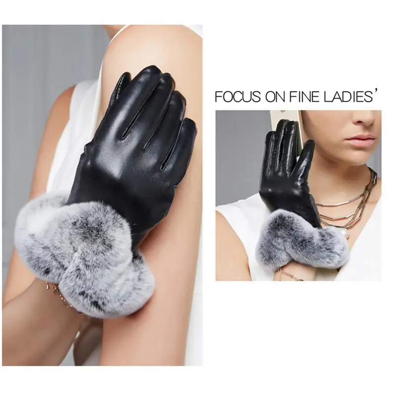 Winter Ladies Simulation Leather Simulation U-Shaped Mouth Touch Screen Gloves PU Warm Black Red Full Palm