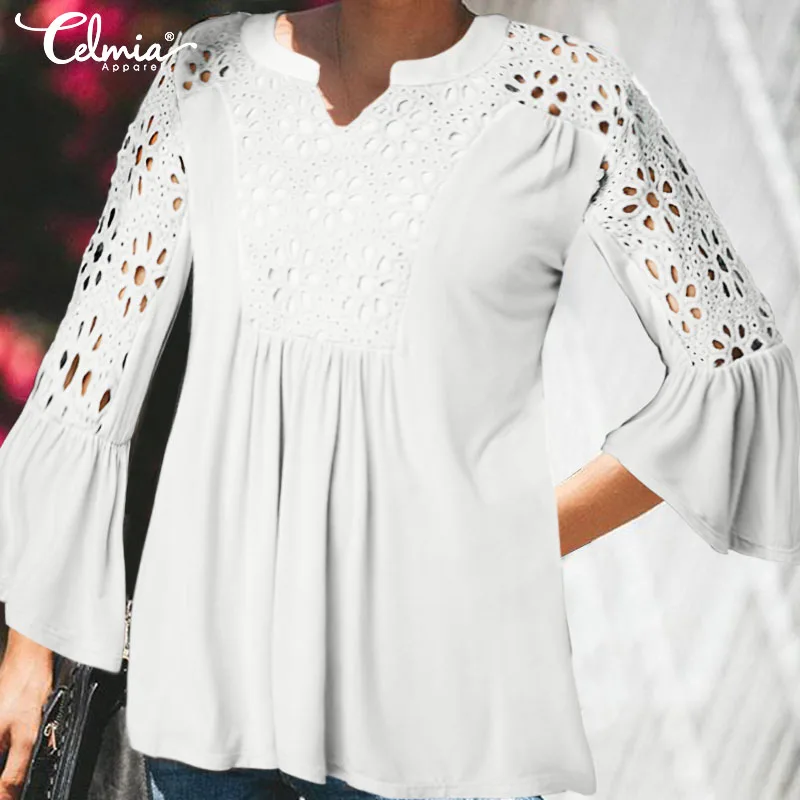 

Women Tunic Tops 2019 CelmiaSexy Hollow Blouses V Neck Flare Sleeve Lace Patchwork Shirts Casual Loose Blusas Feminina Plus Size