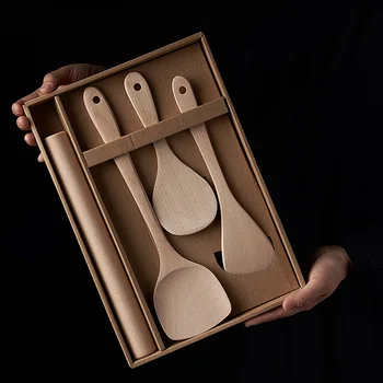 

Japanese creative unpainted tableware beech wood kitchen non-stick shovel rice shovel rolling pin 4pcs housewarming gift box