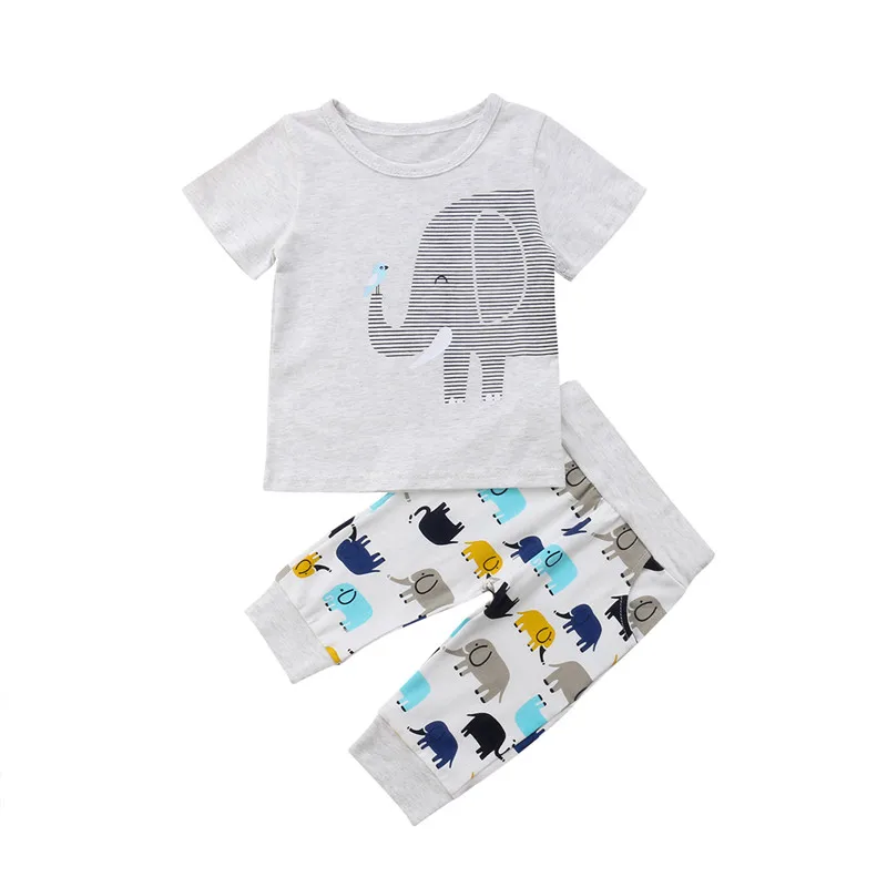 

2019 Cute Infant Baby Girl Boy Elephant T-shirt Tops+Pants Outfit Baby Boy Clothes Set Cotton Summer Baby Boys Clothing
