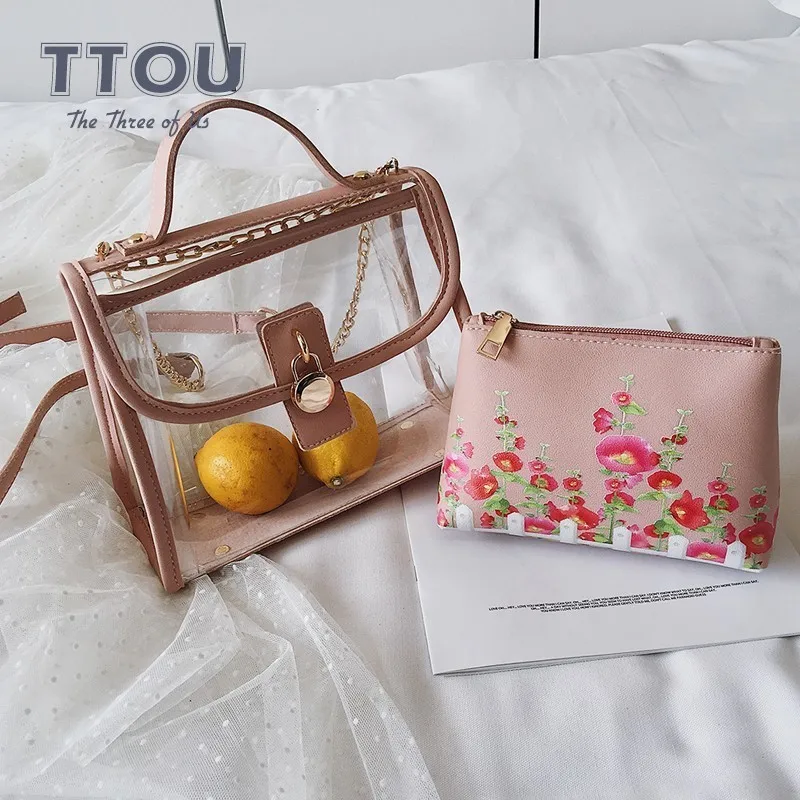 

TTOU Fashion 2pcs Women Transparent Handbag Quality PVC Female Clear Shoulder Bags Floral Ladies' Messenger Crossbody Bag Sac