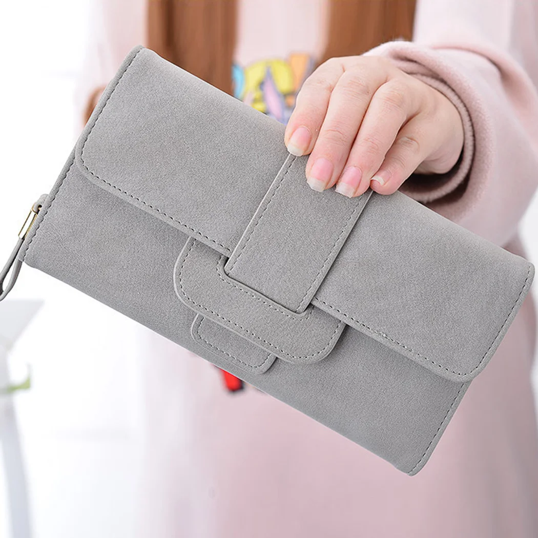 Women Retro Matte Suede Wallet Long Clutch Bags Coin Purse Tri Fold
