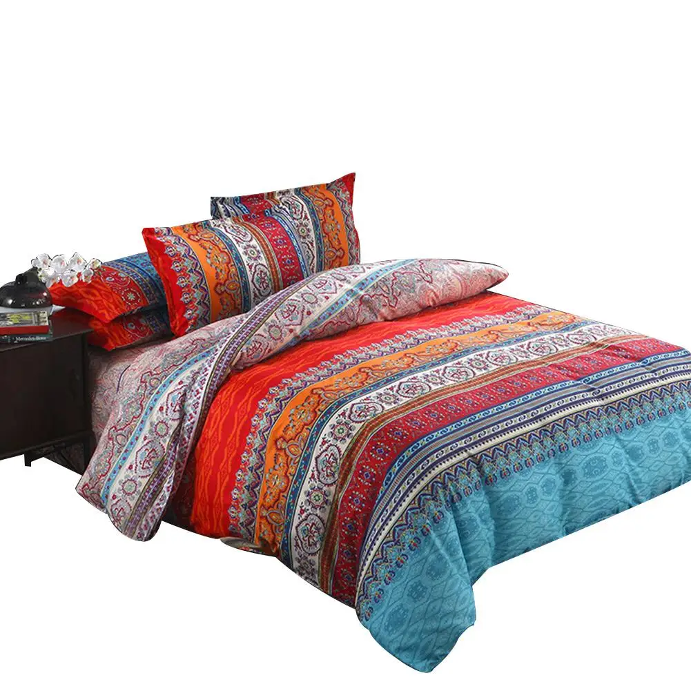 

4Pcs Bohemian Style Striped Duvet Quilt Cover Sheet Pillowcase Patchwork Bedspread Set