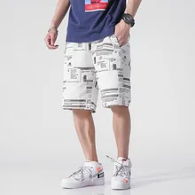 Мужские хип-хоп шорты-карго с принтом в виде газет, с пряжкой, на ремешке, шорты оверсайз, Мужская Уличная мода, летние повседневные мешковатые шорты, брюки для мужчин