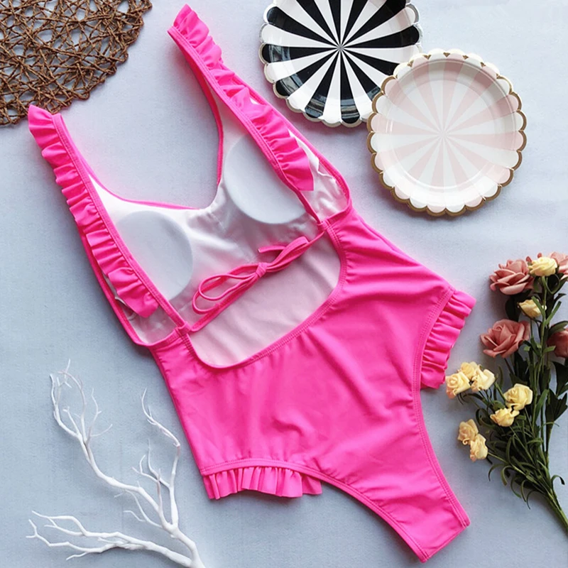 Women Backless Sexy high cut one piece One Piece Swimsuit Ruffles Trims V Neck Tankini Swimwear