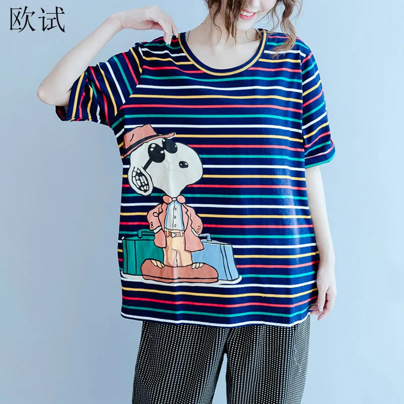 

Plus Size Cartoon Striped Print Cotton T Shirt Kawaii Women Vogue T-Shirt Summer Graphic Tops Tees Tshirt 4XL Harajuku 2019