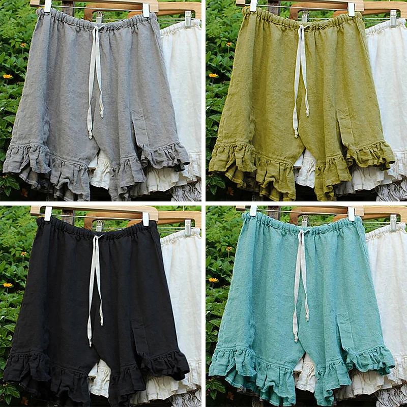

Women Beach Holiday Loose Casual Ruffled Comfortable Cotton Blends Pants