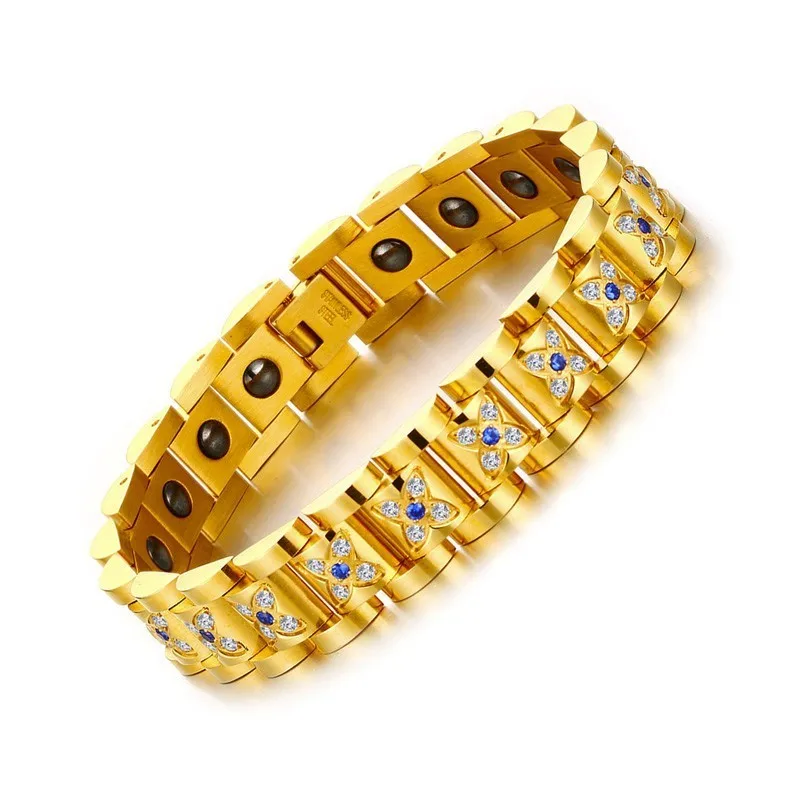 

Women's Luxury CNC CZ Golden Stainless Steel Jewelry Magnetic Hematite Bracelet Designs Ladies Dubai