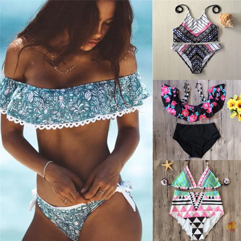 

Off Shoulder ruffles Set Bikinis 2019 Brazilian Floral printed Bandage Padded Swimsuits Bathing holiday beachwear biquinis 2pcs