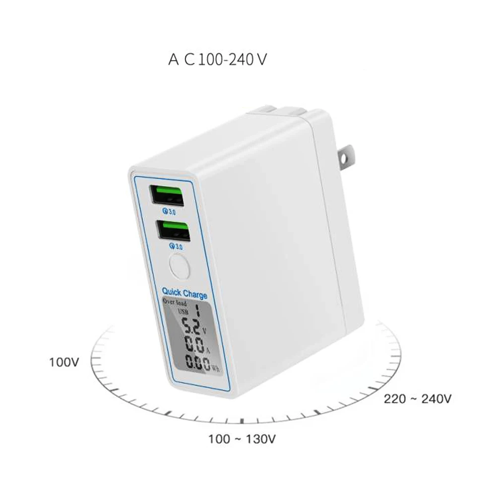 QC3.0 двойной быстрой зарядки USB 7.2A смарт-дисплей экран US Plug зарядное устройство