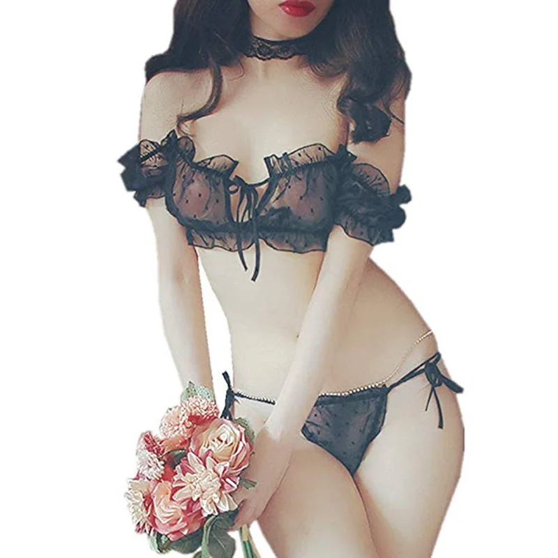 

Cute & Sexy Chiffon Strip Lingerie Set Women 2pcs Lingerie Polka Dot Transparent Bra And Thongs Bodydoll Sexy Set