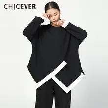 CHICEVER хит цветов женские футболки Топы женские О-образный вырез с длинным рукавом Свободные Асимметричные черные футболки повседневная одежда