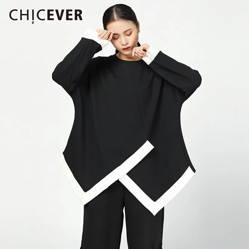 

CHICEVER Hit Colors Women's T-shirts Tops Female O Neck Long Sleeve Loose Asymmetric Hem Black T-shirts Casual Clothes Tide