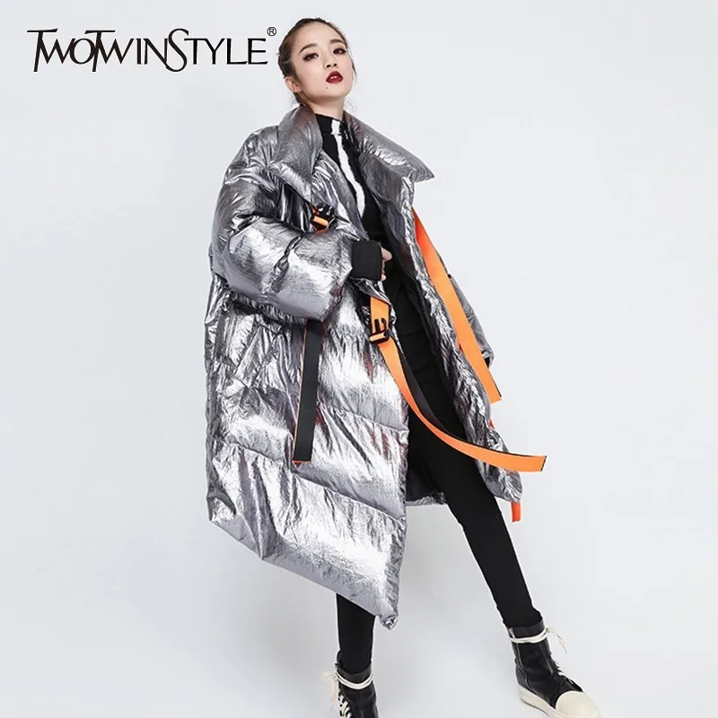 Billige TWOTWINSTYLE Winter frauen Unten Jacke Langarm Patchwork Bänder Unregelmäßigen Baumwolle Mäntel Weibliche 2019 Herbst Plus Dicke Warme