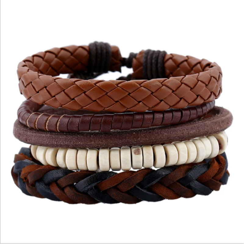 

5pcs/set Leather Bracelet Set Men Handmade Strap Vintage Bracelets & Bangles For Woven Multilayer Wristband Men Pulseira