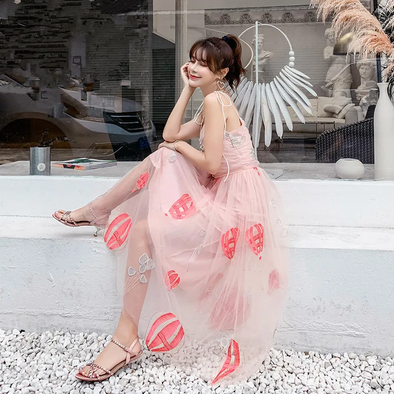 Лето 2019 г. для женщин пикантные розовые Вышивка Тюль праздничное платье