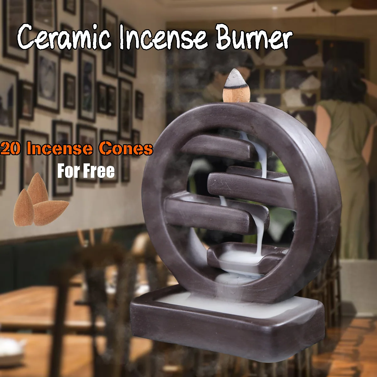 

Round Ceramic Smoke Backflow Incense Burner Censer Incense Holder Home Decor Living Room Ornament +20 Cones
