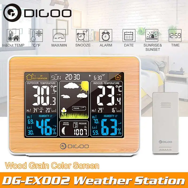 

DIGOO DG-EX002 Color Indoor Weather Station + Outdoor Forecast Sensor / Thermometer Hygrometer / Calendar / Snooze / Moon Phase