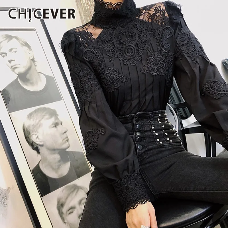 Beste Chicever Zomer Casual Solid Lace Hollow Out Vrouwen Stand Kraag Bladerdeeg Mouw Slanke Plus Size Vrouwelijke Top Kleding 2019 nieuwe