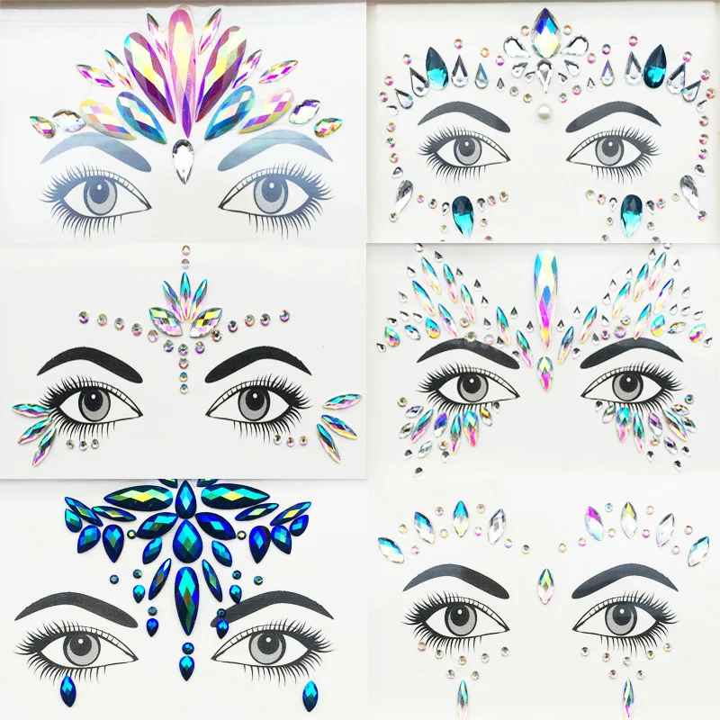 

YOKPN 16 Models Net Red Eyebrow Sticker Face Stickers DIY Acrylic Face Drill Tattoo Body Art Masquerade Fashion Face Decoration