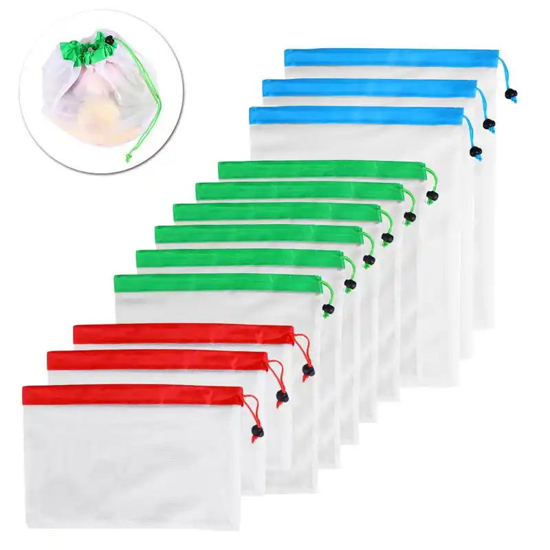 12pcs 3 sizes reusable mesh produce bag washable bags grocery shopping organizer