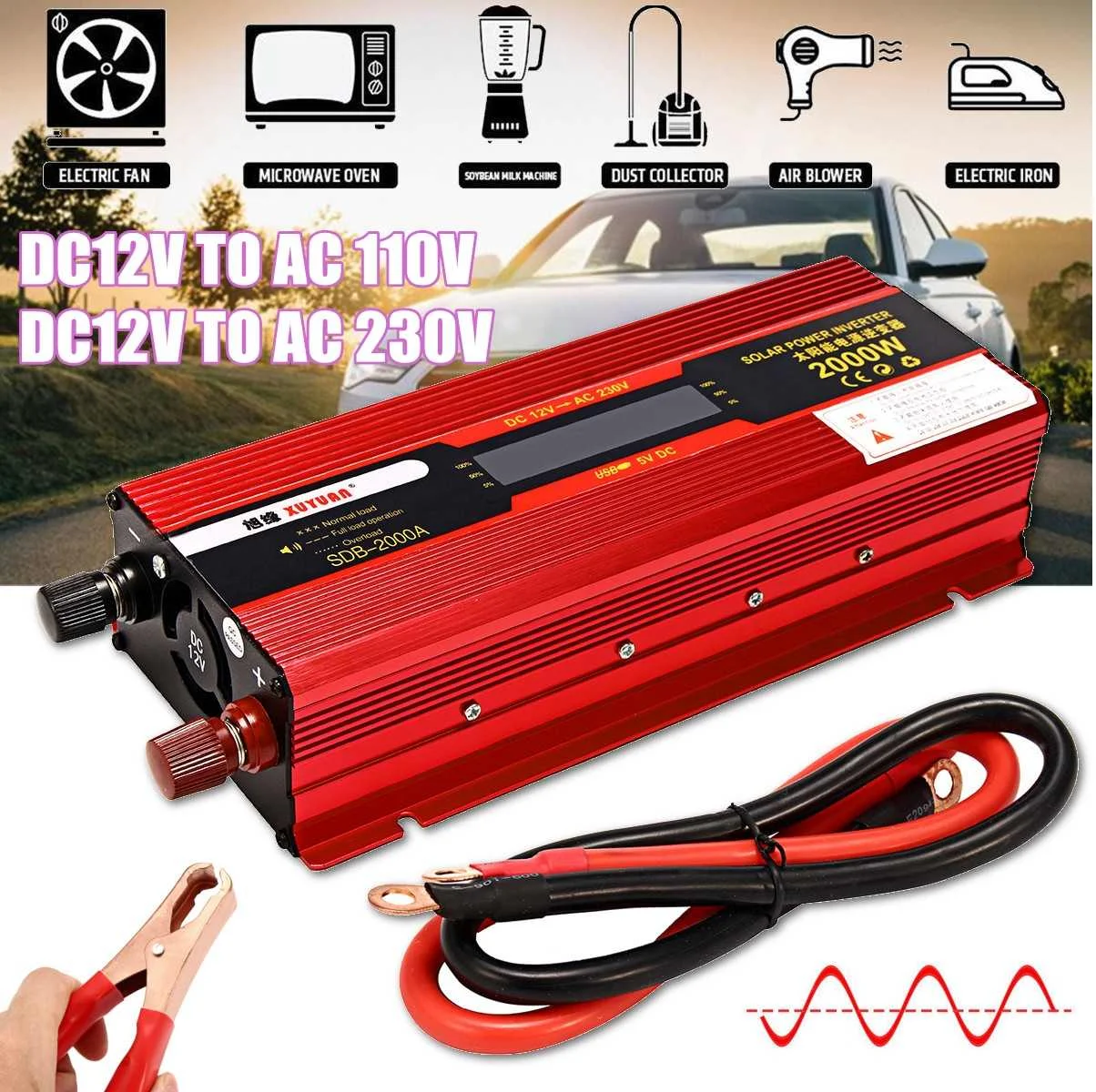 

2000W Car LCD Solar Power Inverter DC 12V to AC 110V/230V Modified Sine Wave Converter Adapter Portable Car Vehicles Electronics