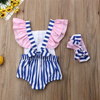 

Fashion Casual Slim Striped Newborn Baby Girl Swimsuits Romper Bodysuit Headband Clothes Outfit Summer Clothes For Girls