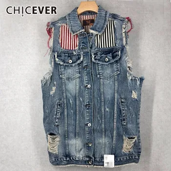 

CHICEVER Denim Waistcoat For Women Vest Coats Female Sleeveless Jacket Striped Hole Big Size Vests Summer Fashion Clothing New