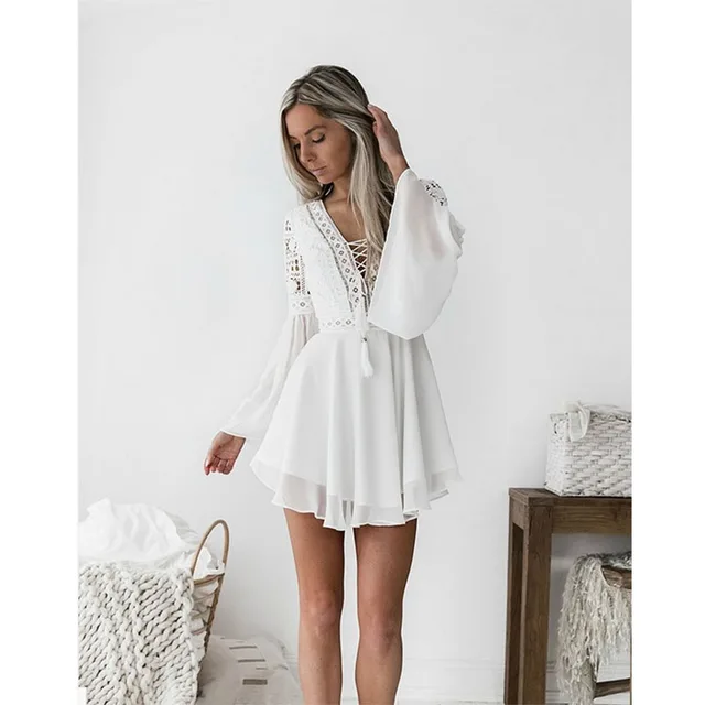 US $11.48 new Girls White Summer Bohemian Mini Dress Women Fashion Spring Solid White Mini Lace Casual Clothe
