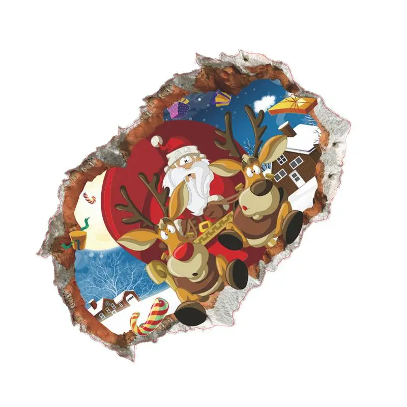 3D Wall Stick Christmas Decoration Removable 3D Broken Wall Santa Claus Reindeer Wall Sticker Wallpaper Wall Decor Decal