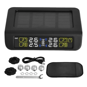

Car Solar and mini USB Interface TPMS Tire Pressure Monitor System Alarm with 4 External Waterproof Sensors