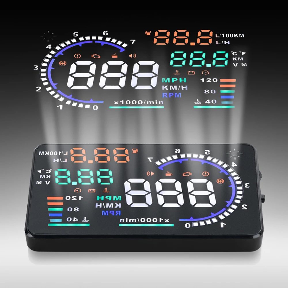 

A8 5.5in Car HUD Headup Display with OBD 2 Interface Plug Auto Driving Parameters Projection For Tesla Model 3 Bmw E46 E90 Ford