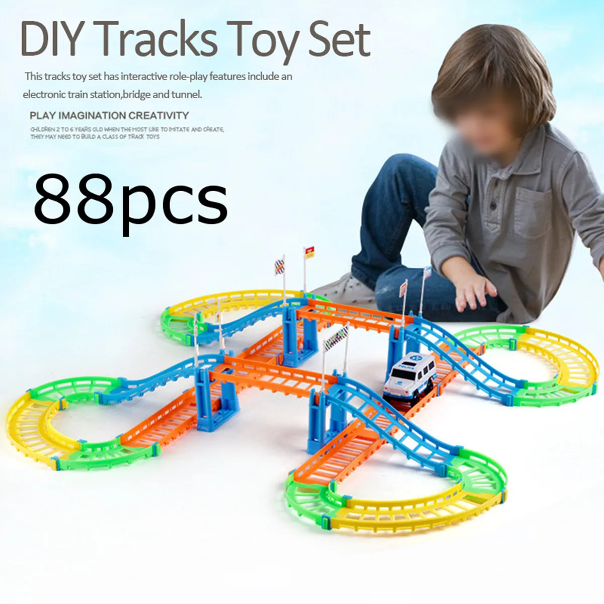 

Two-Layers DIY Electric Racing Rail Car Toy Kit ABS Kids Train Track Model Toy Racing Road Transportation Building Slot Sets