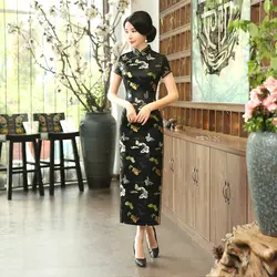 Китайский винтажные платья женские черные длинные Qi Pao Cheongsam черная бабочка печать новый шаблон с коротким рукавом костюм для выступлений