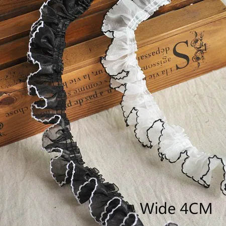 

4CM Wide Black White Pleated Chiffon Lace Ruffle Trim Ribbon 3D Folded Applique For Garment Dress Guipure Tassel Fringe Decor